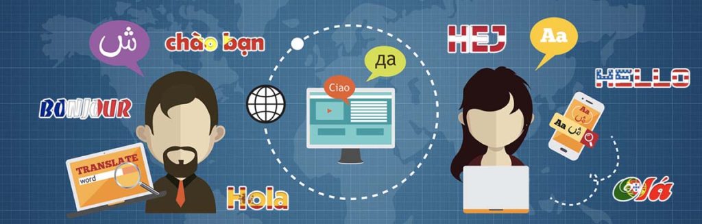 Two cartoon people surrounded by the word "Hello" in multiple languages